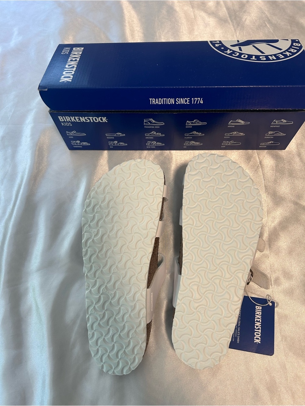 Birkenstock Miyari White Kids Sandals with Cork Footbed and Rose Gold Buckles - Picture 5 of 7